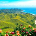 Lanskap indah dengan sawah hijau dan pantai yang tenang.