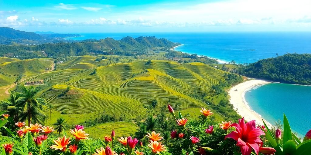 Lanskap indah dengan sawah hijau dan pantai yang tenang.